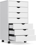 OLIXIS 7 Drawer File Cabinet, Mobile Filing Cabinet Under Desk Storage Organization with Wheels, Vertical Filing Chest Rolling Wood Small Desk Printer Stand for Home Office, White