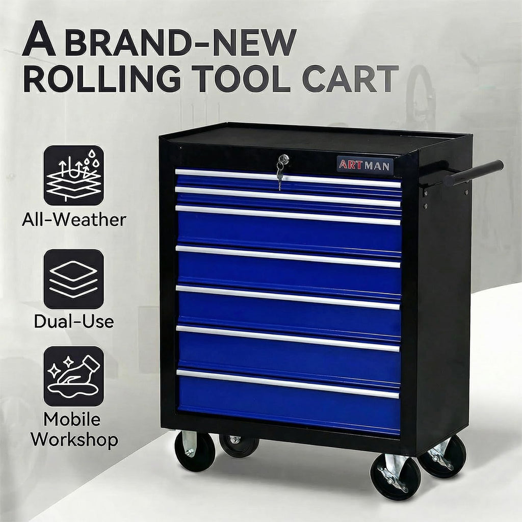 7 Drawers Tool Cart on Wheels,Multifunctional Rolling Tool Chest Tool Storage,Drawers Rolling Tool Trolley Organizer Tool Case for Garage,Warehouse,Workshop,Repair Shop (7 Drawers-Black&Blue)