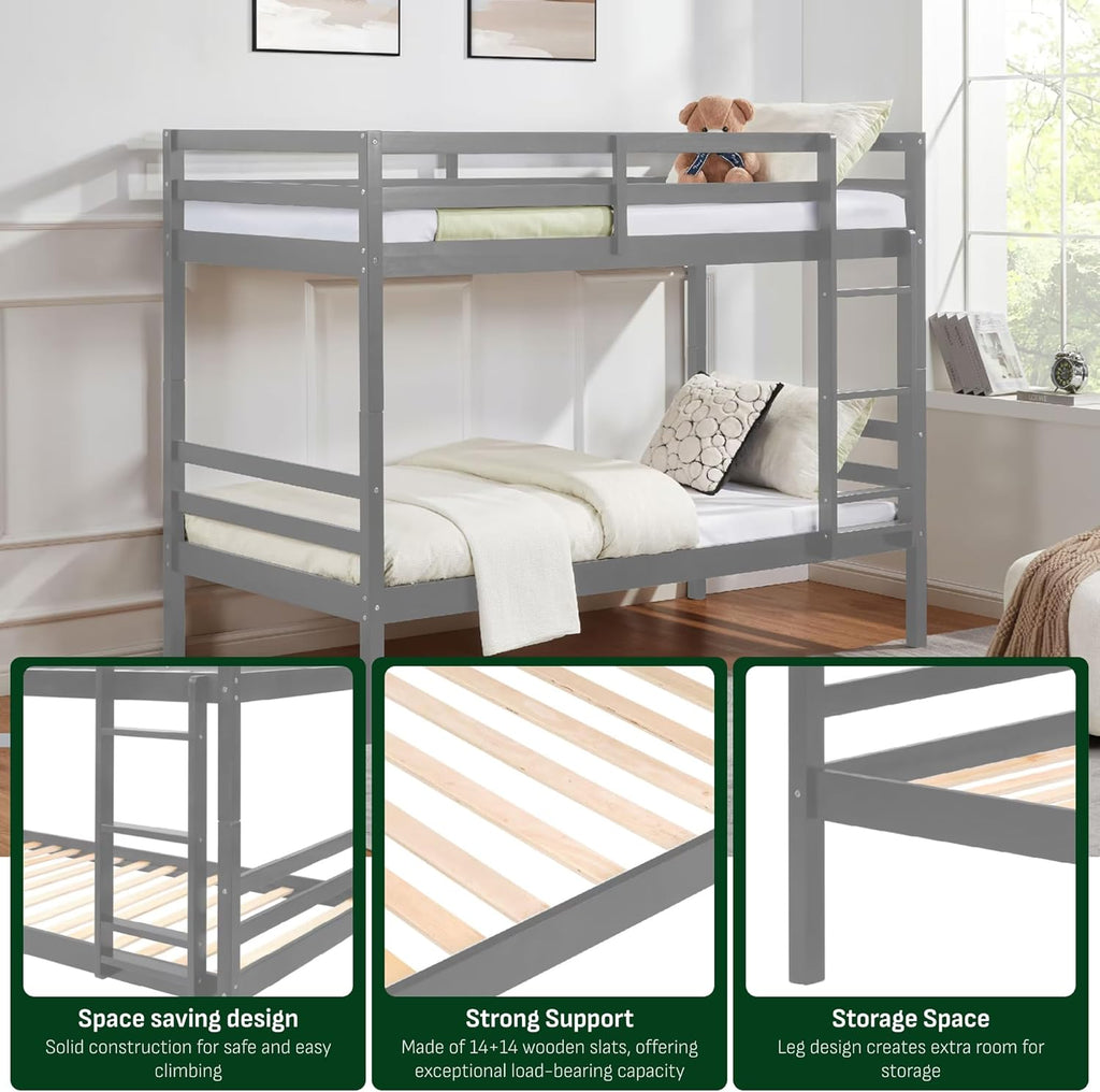 Full Over Full Bunk Bed with Ladder, Solid Wood Bunk Bed with High Guardrail and Ladder for Kids, Teens, Dorm Rooms, and Guest Rooms, No Box Spring Needed, Grey