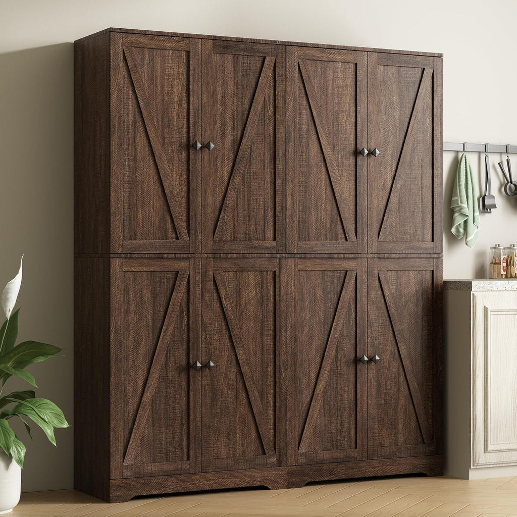 LYNSOM Farmhouse Storage Cabinet Set of 2, 72" Tall Kitchen Pantry Cabinet with 4 Barn Doors and Adjustable Shelves, Freestanding Storage Cabinets for Kitchen, Brown