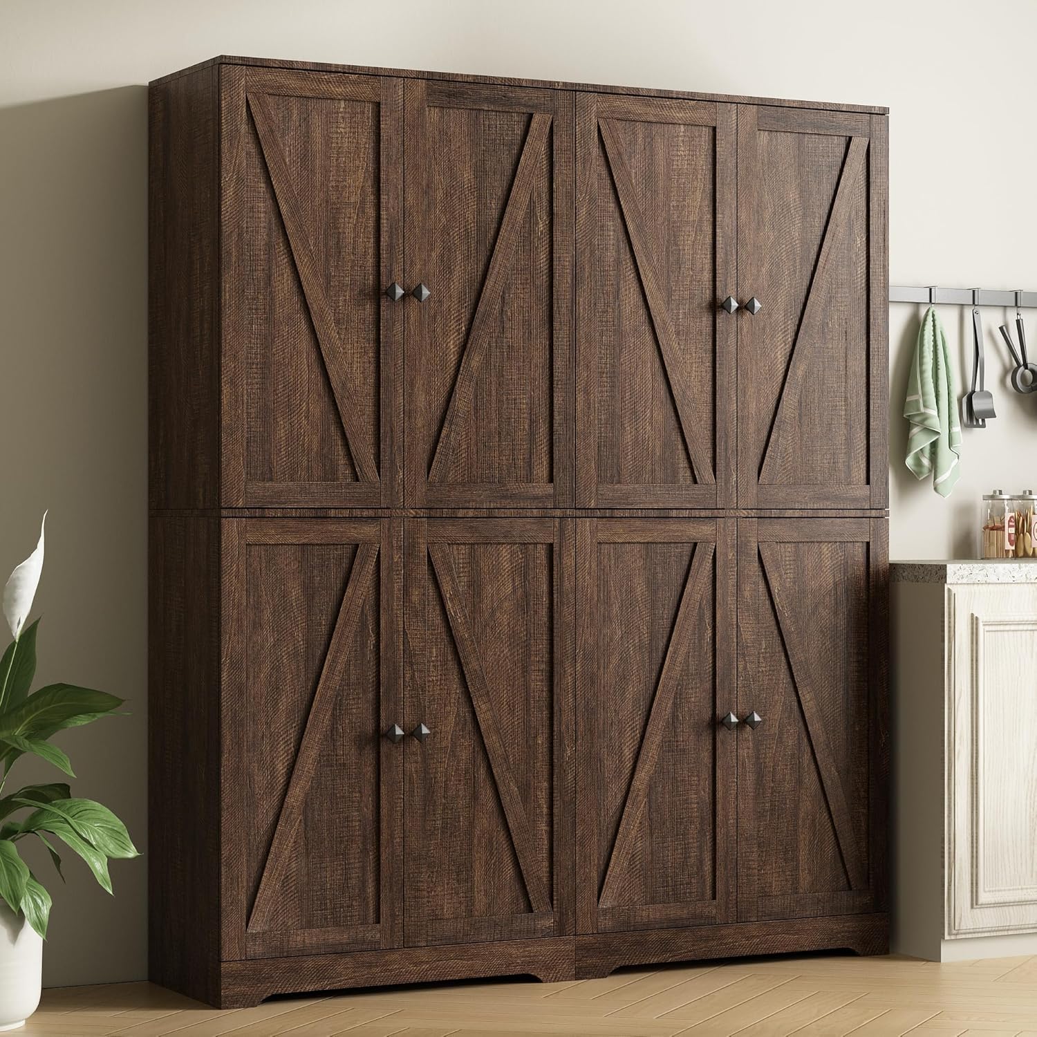 LYNSOM Farmhouse Storage Cabinet Set of 2, 72" Tall Kitchen Pantry Cabinet with 4 Barn Doors and Adjustable Shelves, Freestanding Storage Cabinets for Kitchen, Brown