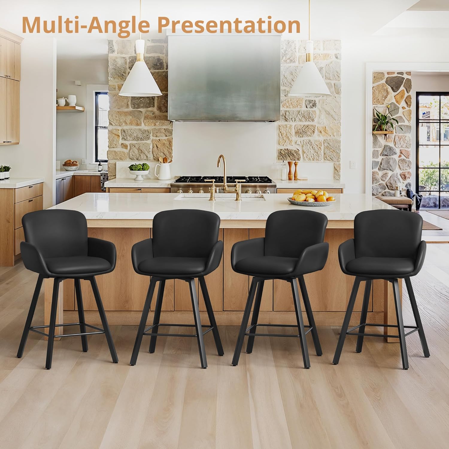 LUE BONA 26" Swivel Bar Stools Set of 3, Counter Height Bar Stools with Backrest and Arms, Modern Upholstered Barstools with Metal Legs for Kitchen Island, Black