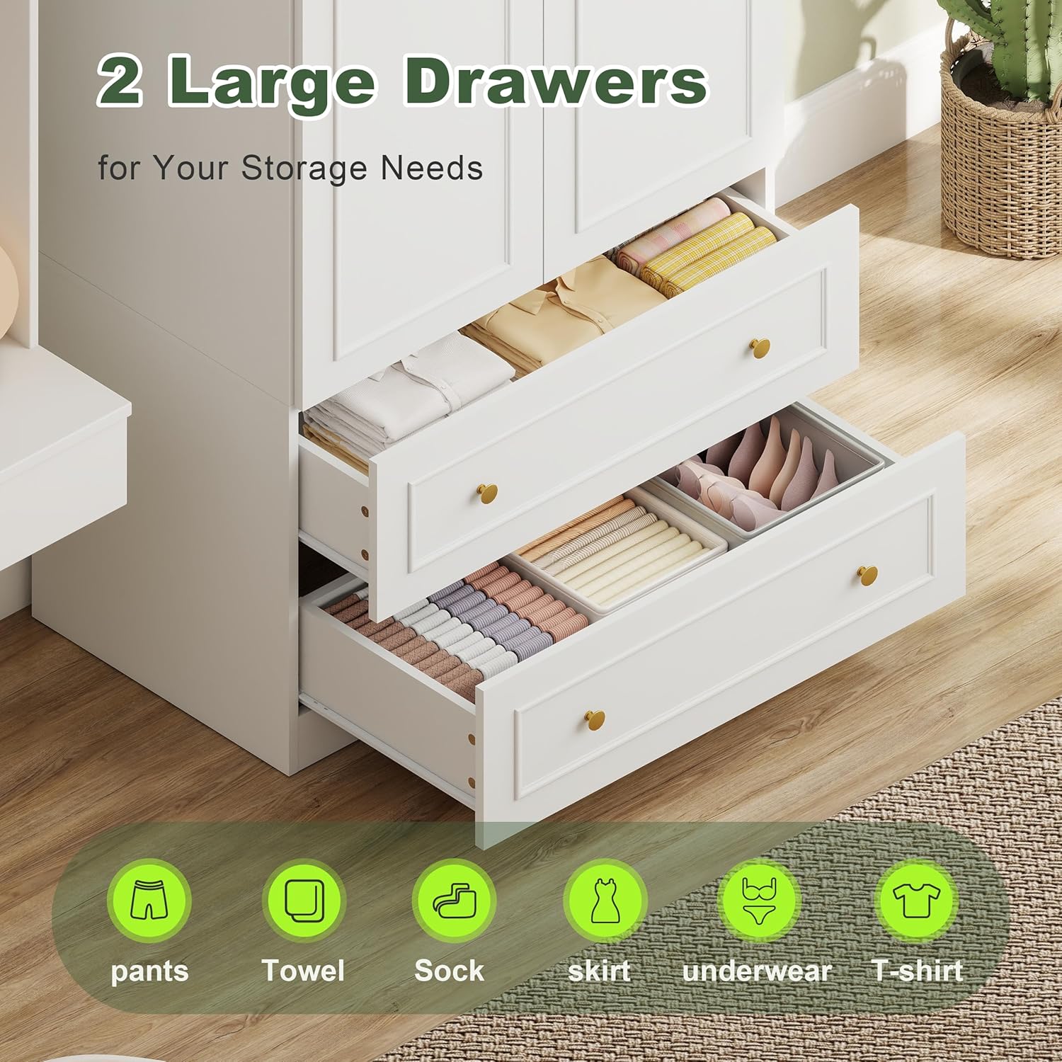 GOODONE Wooden Armoire Wardrobe Closet - 71" Tall Bedroom Armoires with 2 Doors and 2 Drawers, Modern Wardrobe Cabinet with Removable Hanging Rod, White