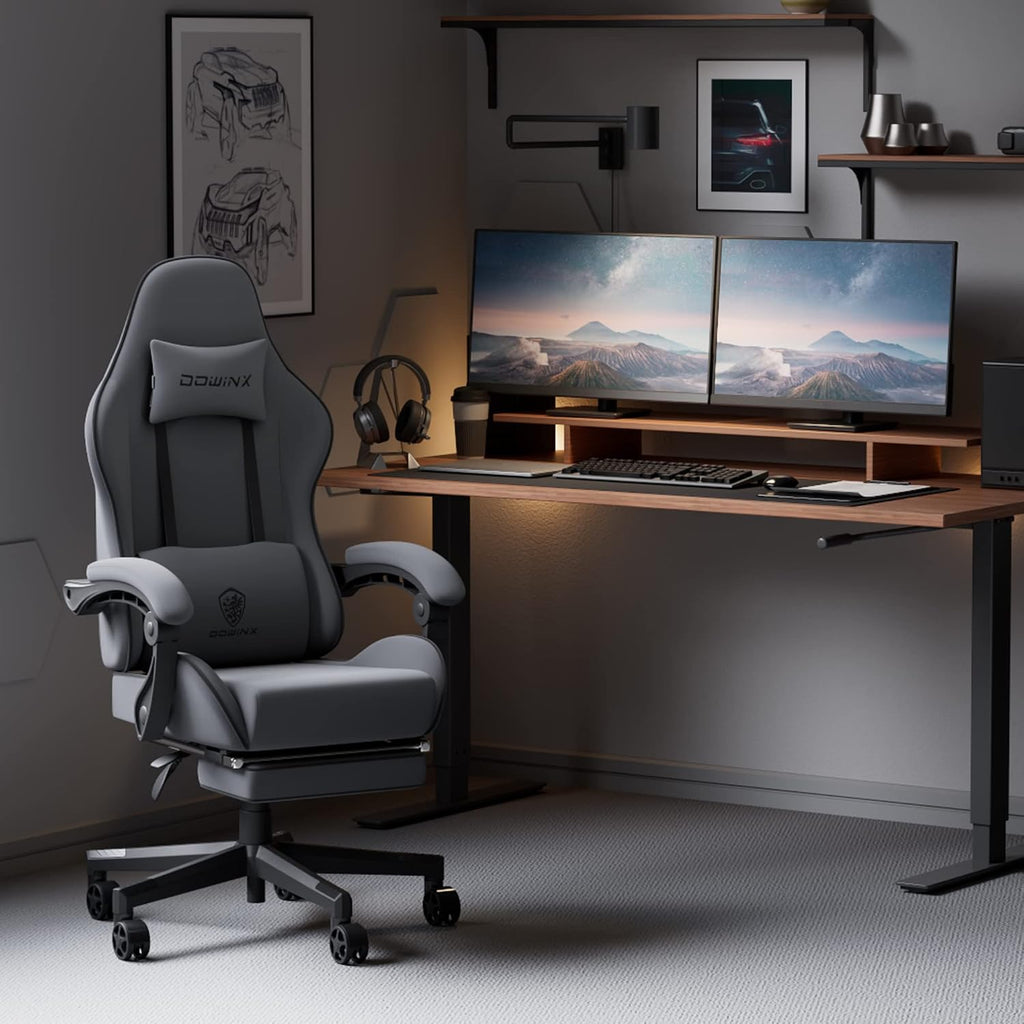 Dowinx Gaming Chair Fabric with Pocket Spring Cushion, Massage Game Chair Cloth with Headrest, Ergonomic Computer Chair with Footrest 290LBS, Grey