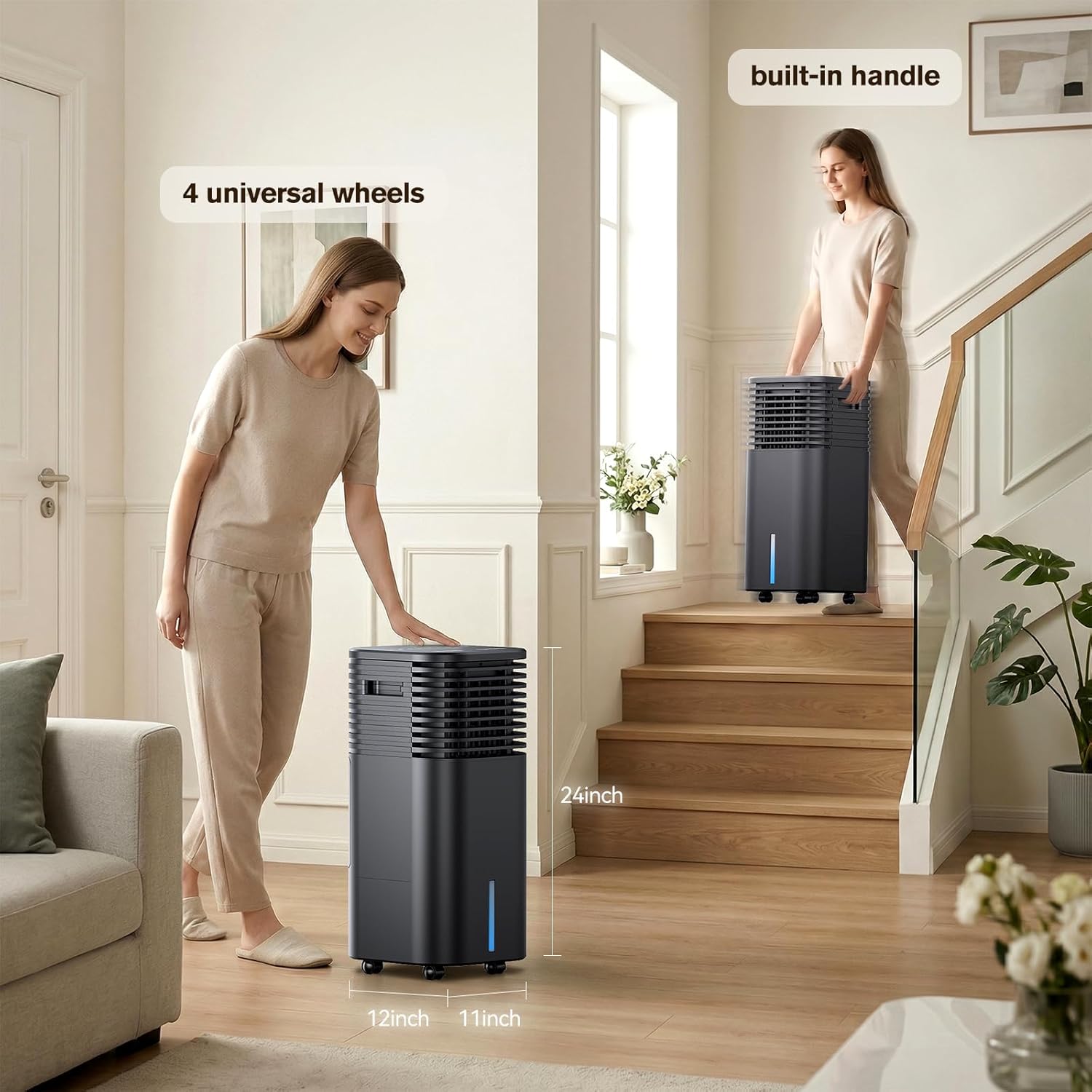 24" Windowless Portable Air Conditioner, 15H Timer & 120°Oscillation, 3-IN-1 Portable AC Unit with Remote, 2-Gal Tank, 3 Modes & 3 Speeds, Ultra-Quiet Ventless Swamp Cooler for Home Office, Black