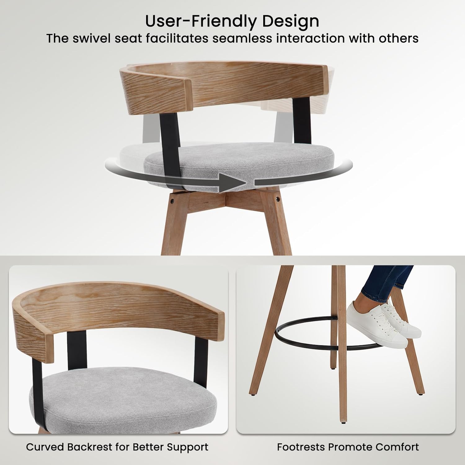 DUOMAY Swivel Bar Stools Set of 4, 26" Counter Height Bar Stool with Footrest Modern Wood Barstools with Linen Upholstered Seat Counter Stools for Kitchen Island Home Bar,Grey
