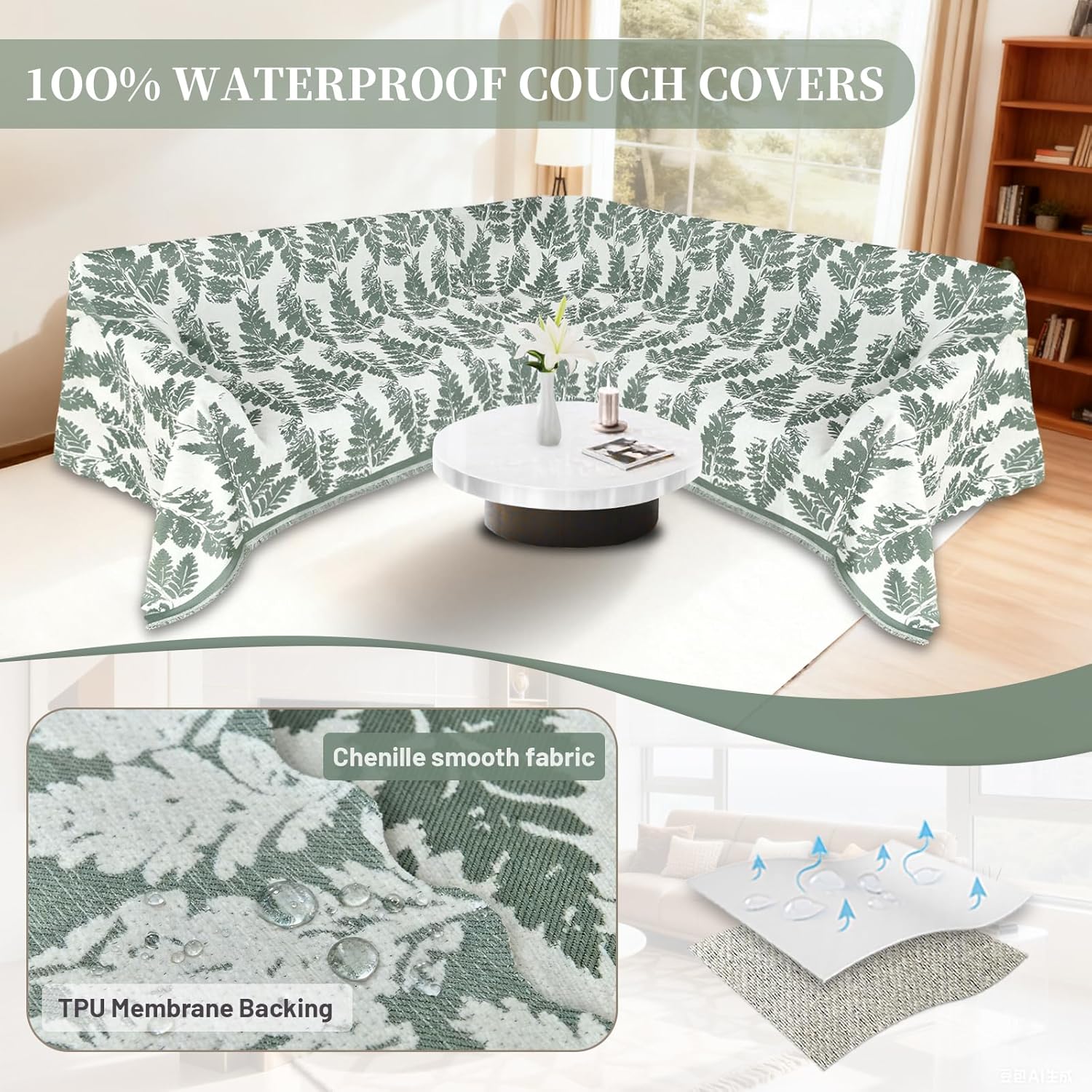 1OO% Waterproof Sectional Couch Covers for Dogs L Shaped Corner Sofa Cover Washable Chenille Sofa Slipcovers Blanket Modern Jacquard Pet Furniture Protector (91"x252", Sage Green)