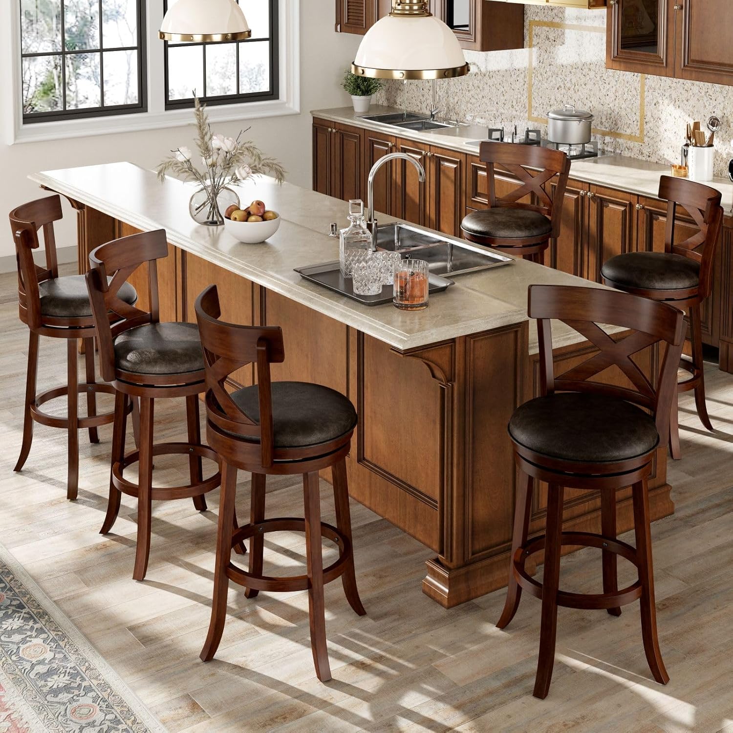 Sophia & William Swivel Bar Stools Set of 4, 30 Inch Bar Height Barstools with Cross Back & Walnut Wood Legs,Faux Leather Kitchen Stools, Brown
