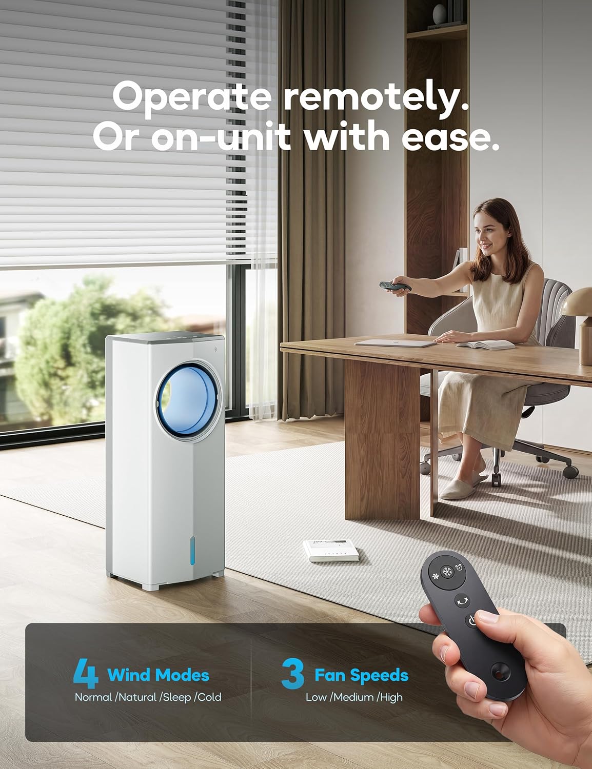 Windowless Portable Air Conditioner, 26.1" Small Evaporative Air Cooler for Room No Window, 3-Speed Settings, 4 Modes, 7H Timer, Remote Control, 4 Ice Packs, Quiet AC Unit for Bedroom, White