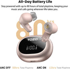 TOZO NC20 Active Noise Cancelling Wireless Earbuds, LDAC Hi-Res Sound Bluetooth Headphones, 6 Mics AI Call Ear Buds 80H Playtime, Dual Pairing, 32 EQ via App, IPX8 Waterproof, Wireless Charging Case