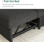 HONBAY Sectional Sleeper Sofa with Pull-Out Bed Storage Chaise, 6 Seater Couch for Living Room, Dark Grey