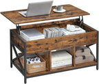 VASAGLE Lift Top Coffee Table, Lift Coffee Table with Storage Shelf, Hidden Compartments and Lifting Top, for Living Room, Office, 19.7 x 39.4 x (19.3-24.4) Inches, Rustic Brown and Black ULCT202B01