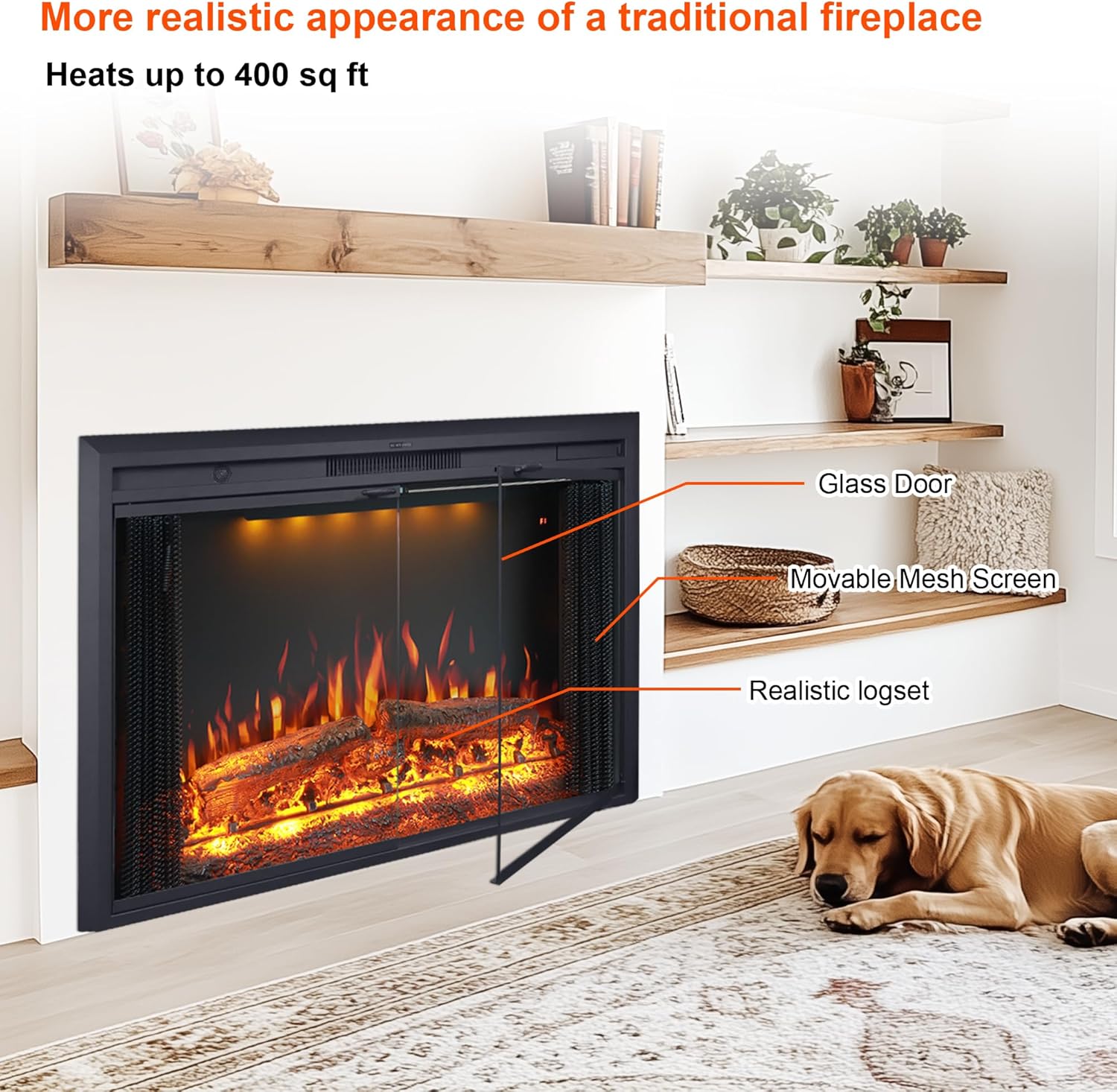 Valuxhome 43” W Electric Fireplace Heater with Crackling Sound, 1-9H Timer, Remote Control, Glass Door and Movable Mesh Screen, 3 Color Settings