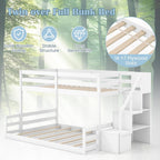 Giantex Twin Over Full Bunk Bed with Stairs, Solid Wood Floor Bunk Bed with Storage Staircase & Full-Length Guardrails, Low Bunk Bed with for Kids, Teens, Adults, Dorm, Small Space, White