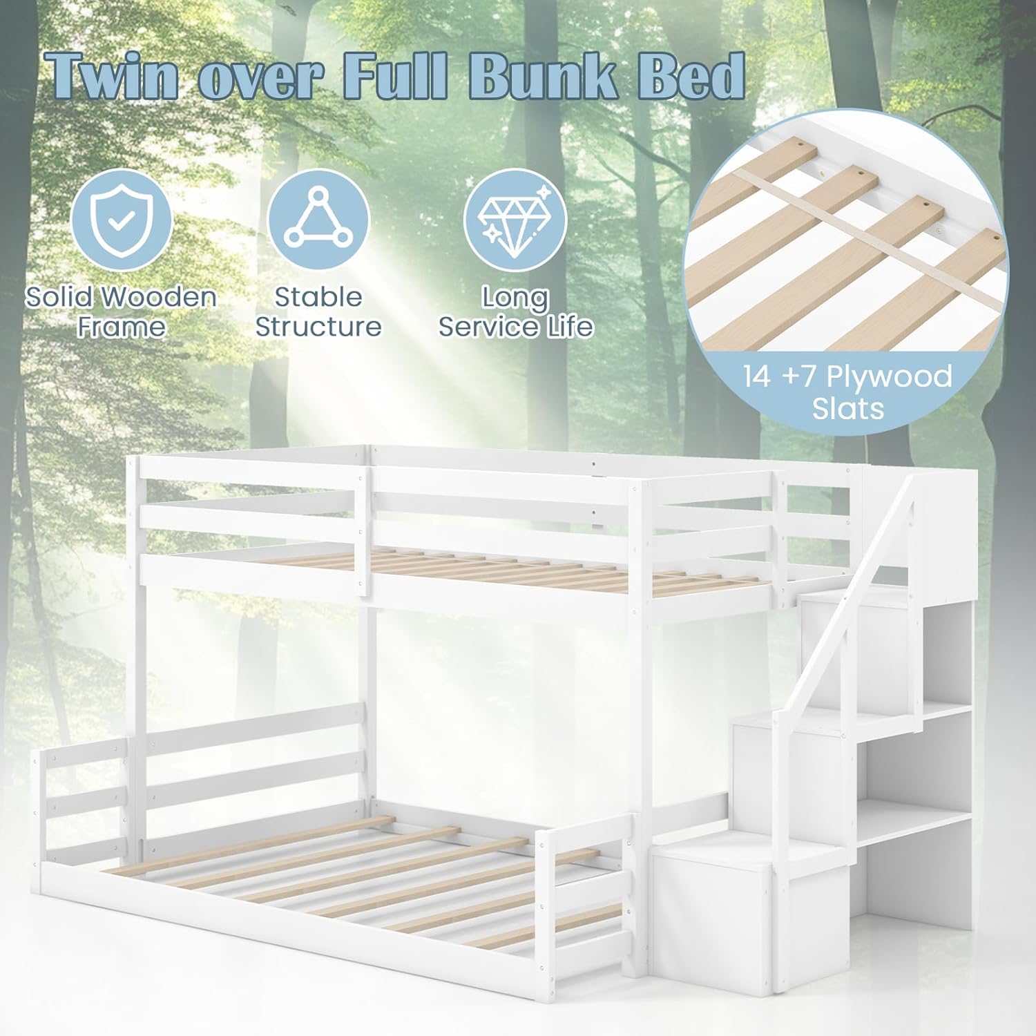 Giantex Twin Over Full Bunk Bed with Stairs, Solid Wood Floor Bunk Bed with Storage Staircase & Full-Length Guardrails, Low Bunk Bed with for Kids, Teens, Adults, Dorm, Small Space, White