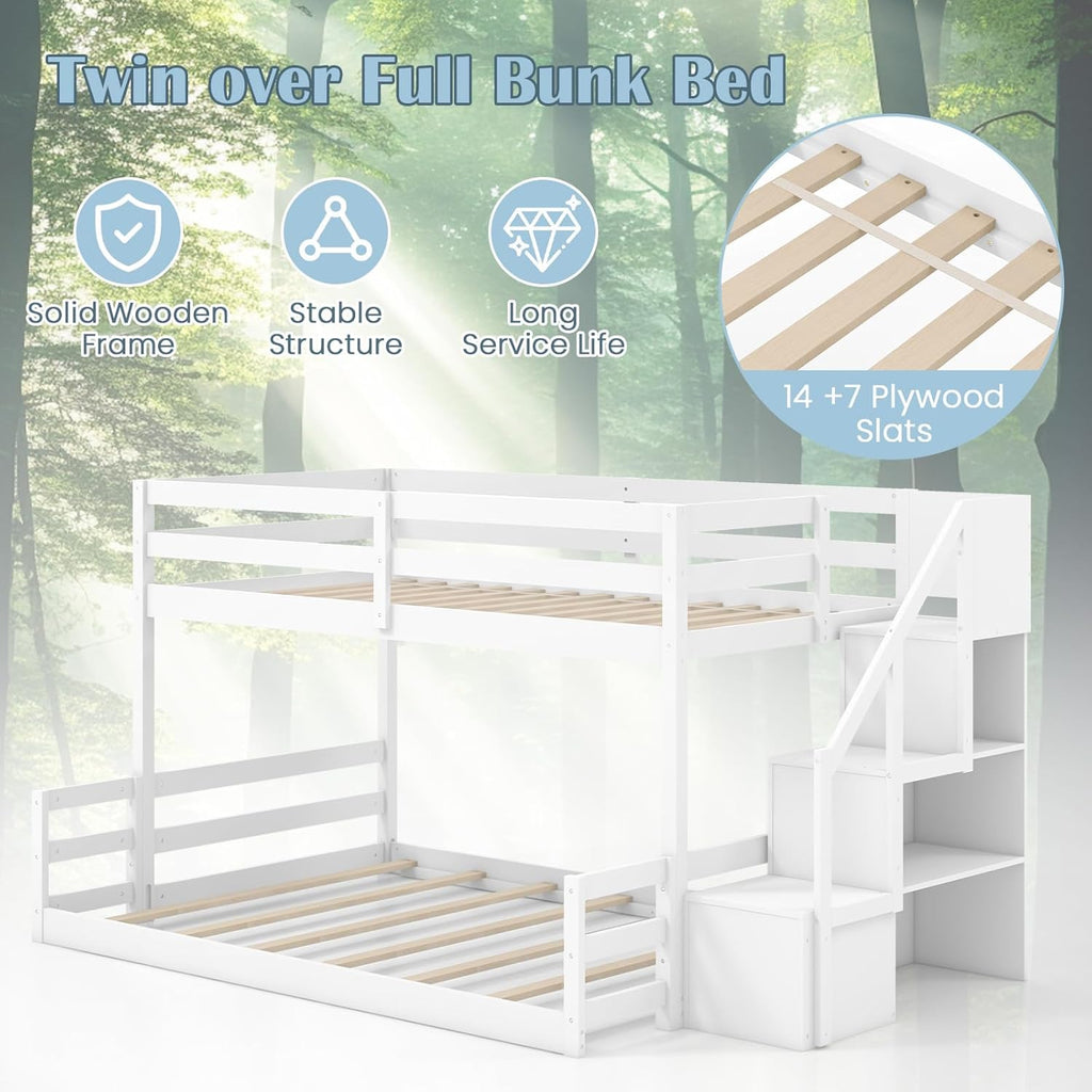 Giantex Twin Over Full Bunk Bed with Stairs, Solid Wood Floor Bunk Bed with Storage Staircase & Full-Length Guardrails, Low Bunk Bed with for Kids, Teens, Adults, Dorm, Small Space, White