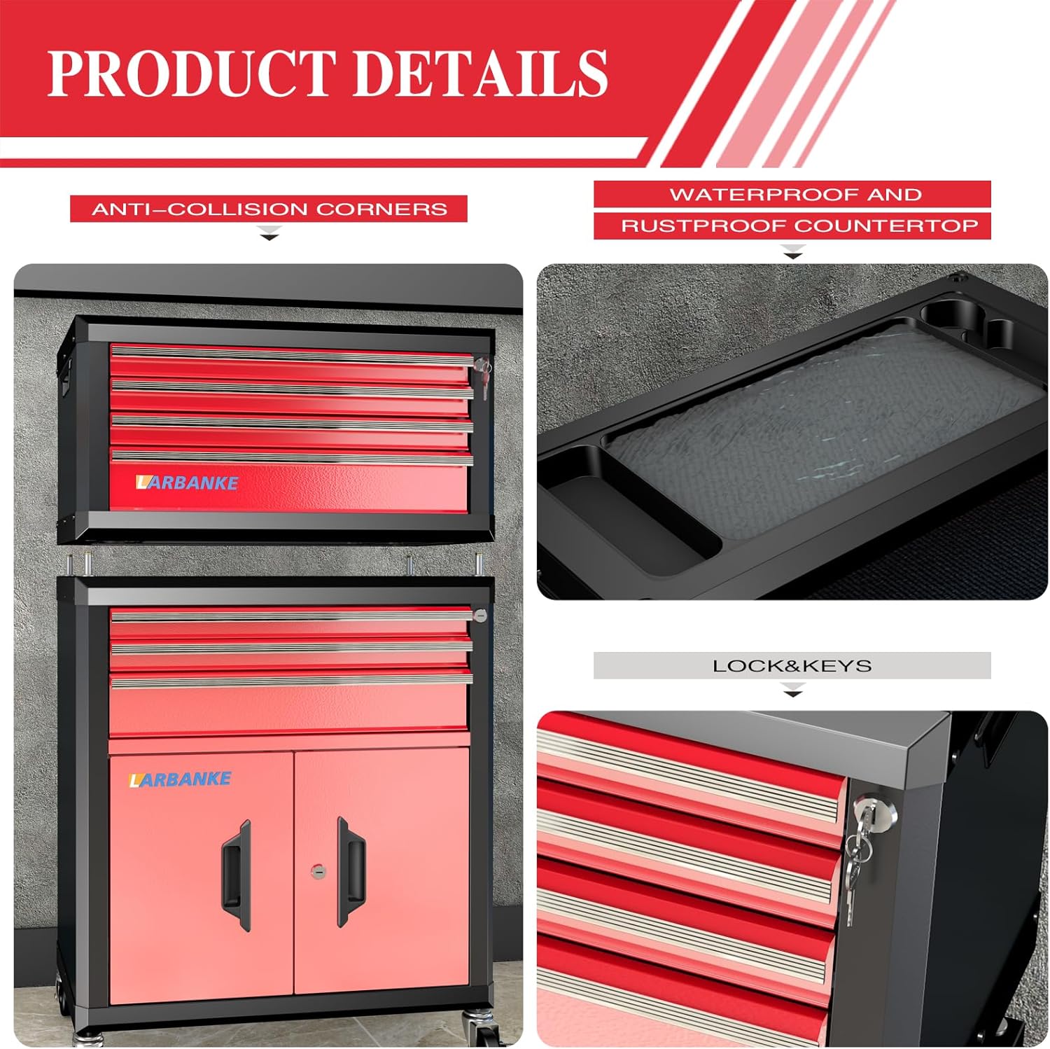LARBANKE 4-Drawer Tool Box, Portable Tool Box with Lock&Keys,Toolbox with Waterproof and Rust-resistant Countertop,Anti-collision Corner,Special Connection Rods for Stacking with 5/7-Drawer Tool Chest