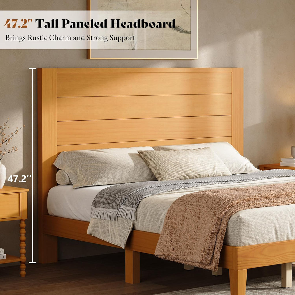 AMERLIFE Full Sizes Solid Wood Bed Frame with 48" Headboard, Mid Century Modern Platform Bed with Silent Wood Slat System, No Box Spring Needed, Under-Bed Storage, Natural