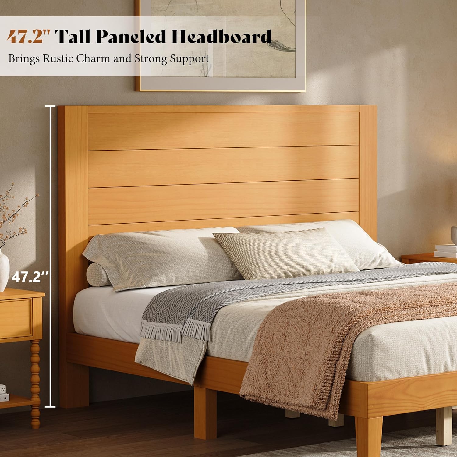 AMERLIFE Full Sizes Solid Wood Bed Frame with 48" Headboard, Mid Century Modern Platform Bed with Silent Wood Slat System, No Box Spring Needed, Under-Bed Storage, Natural