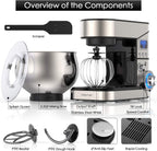 Stand Mixer, Stainless Steel Mixer 5.3-QT LCD Display Food Mixer, 6+P Speed itchen Electric Mixer Tilt-Head Mixer with Stainless Steel Bowl, Dough Hook, Beater, Whisk