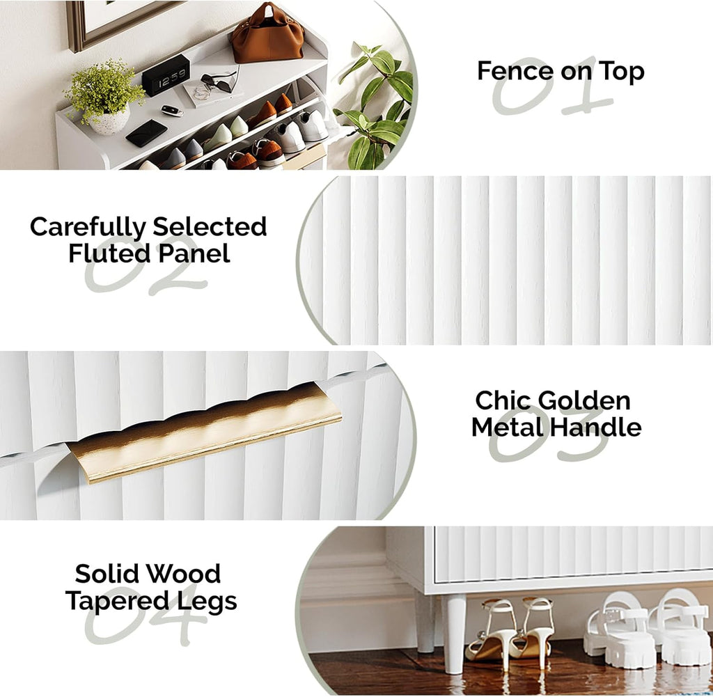 VINGLI White Fluted Shoe Storage Cabinet for Entryway with 3 Flip Drawers, Narrow Shoe Organizer with Fluted Panel, Modern Freestanding Wood Shoe Cabinet for Foyer, Hallway (White, 3 Flip Drawers)
