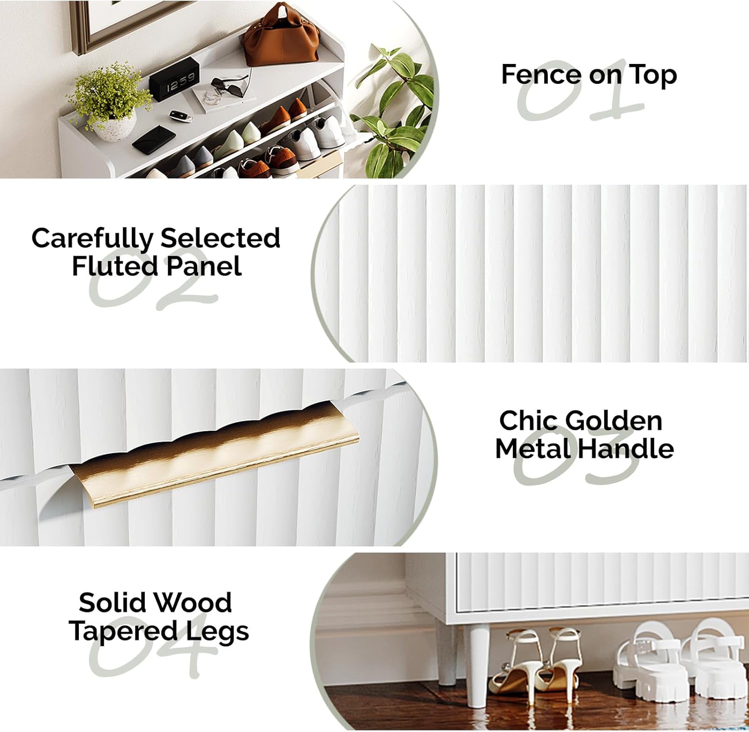 VINGLI White Fluted Shoe Storage Cabinet for Entryway with 3 Flip Drawers, Narrow Shoe Organizer with Fluted Panel, Modern Freestanding Wood Shoe Cabinet for Foyer, Hallway (White, 3 Flip Drawers)