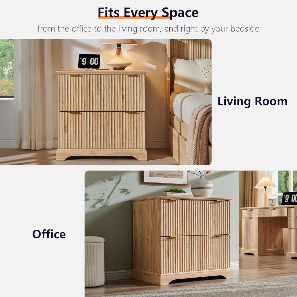 JXQTLINGMU 2 Drawer File Cabinet with Charging Station, 30" Fluted Lateral File Cabinet w/Files Hanging Rod for Letter/Legal/A4, Large Tabletop for Printer, Office Wood Printer Cabinets, Oak