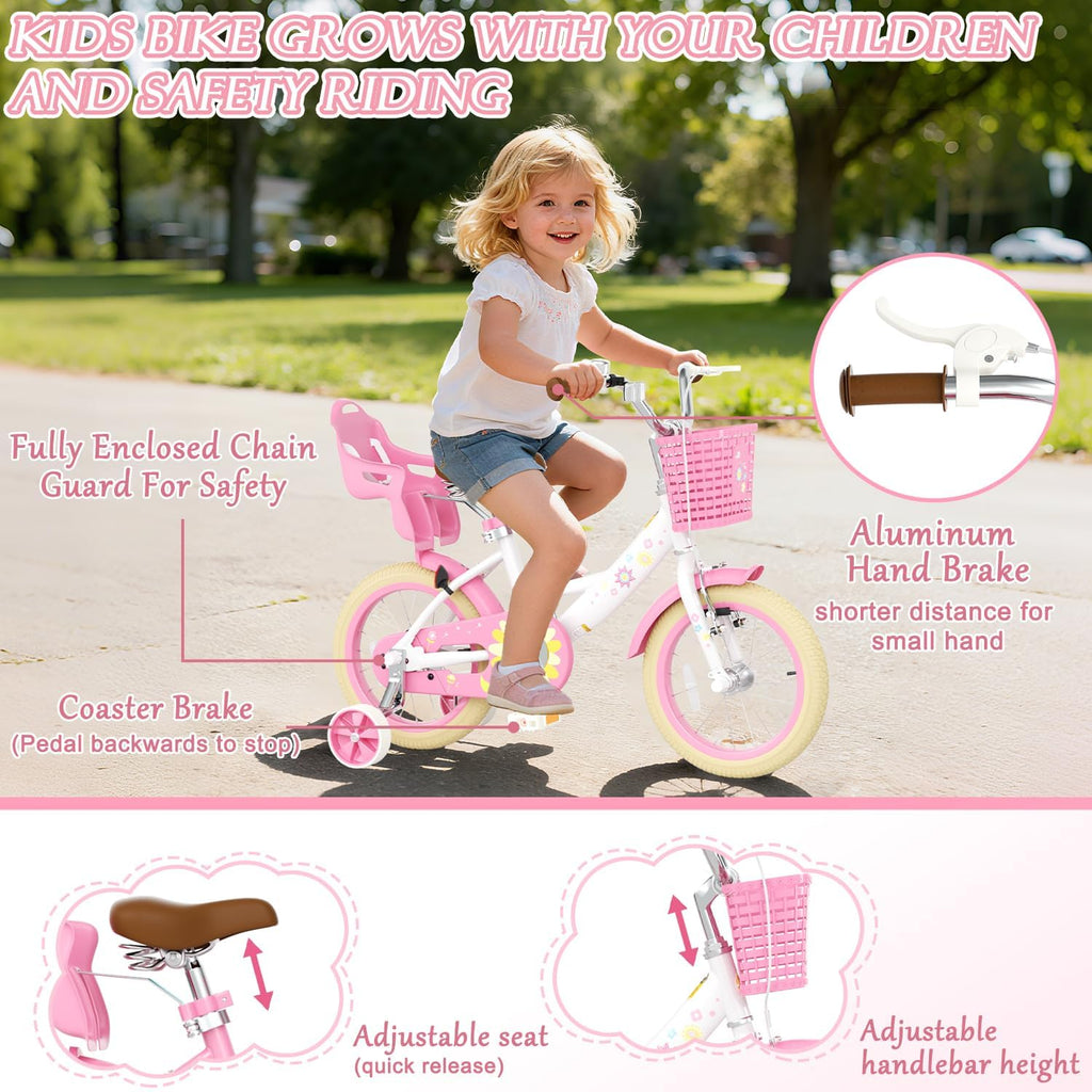 Glaf Toddler Girls Bike for Age 2-9 Years Old 12 14 16 Inch Girls Bike with Training Wheels and Doll Seat Kids Bike Bicycle with Basket Adjustable Seat
