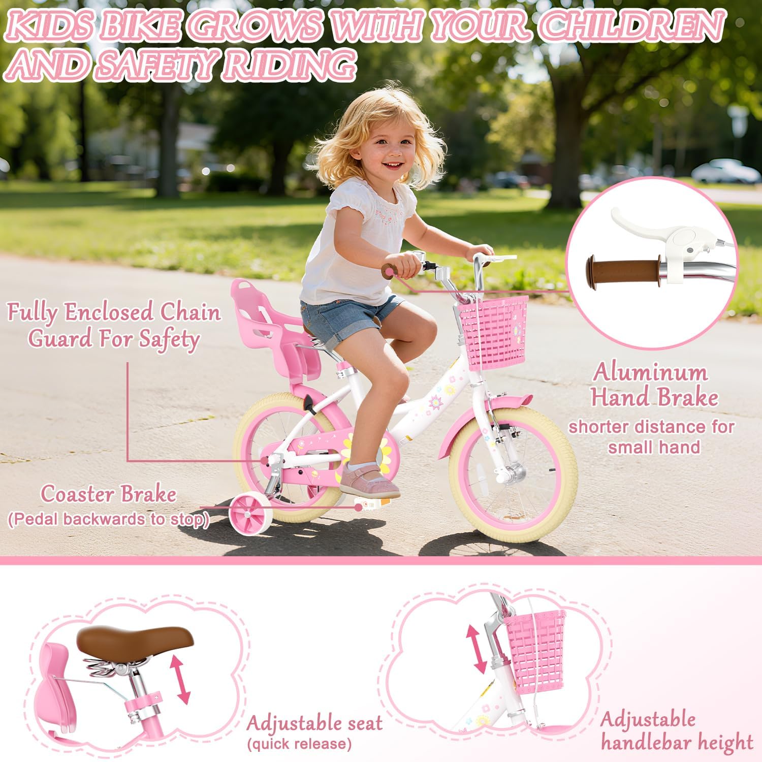 Glaf Toddler Girls Bike for Age 2-9 Years Old 12 14 16 Inch Girls Bike with Training Wheels and Doll Seat Kids Bike Bicycle with Basket Adjustable Seat