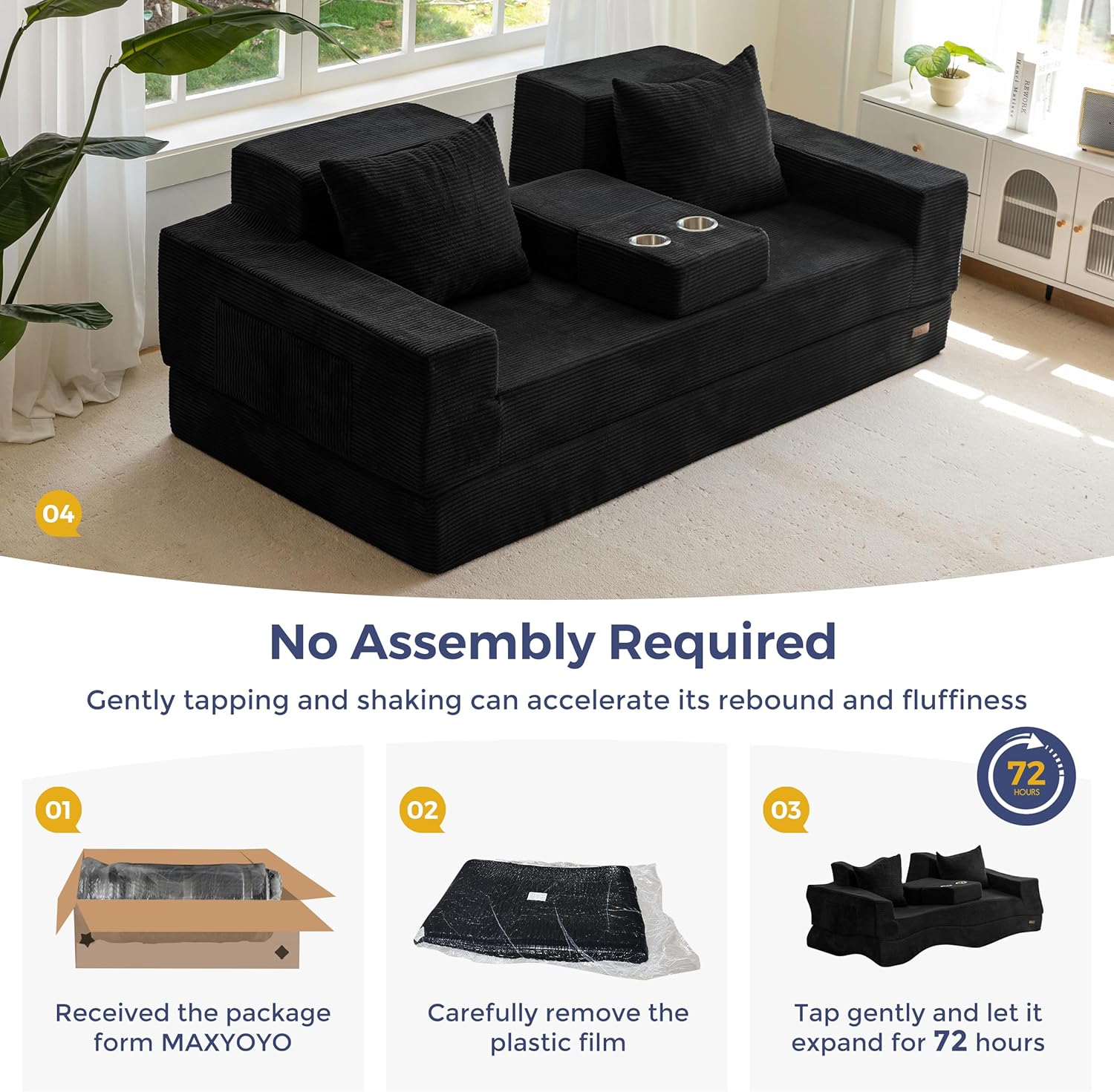 MAXYOYO Convertible Sofa Bed, 80" Oversized Boneless Loveseat Couch 4 in 1 Foldable Floor Sofa Couch in A Box with 2 Cup Holders, Folding Sleeper Chair for Living Room, No Assembly Required, Black