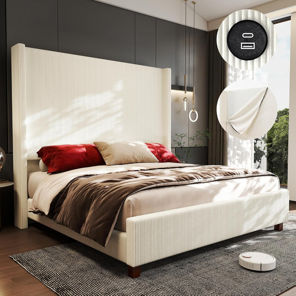 King Size 65.2" Upholstered Bed Frame with USB Charging Station,Soft Washable Corduroy Cover with Wingback Headboard, Solid Wood Legs/Noise-Free/No Box Spring Needed/Beige
