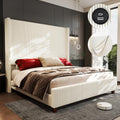 King Size 65.2" Upholstered Bed Frame with USB Charging Station,Soft Washable Corduroy Cover with Wingback Headboard, Solid Wood Legs/Noise-Free/No Box Spring Needed/Beige