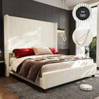 King Size 65.2" Upholstered Bed Frame with USB Charging Station,Soft Washable Corduroy Cover with Wingback Headboard, Solid Wood Legs/Noise-Free/No Box Spring Needed/Beige