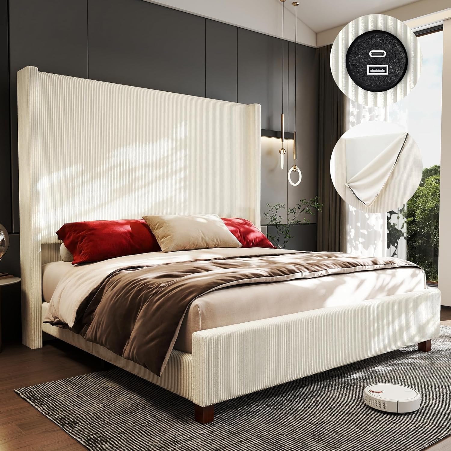 King Size 65.2" Upholstered Bed Frame with USB Charging Station,Soft Washable Corduroy Cover with Wingback Headboard, Solid Wood Legs/Noise-Free/No Box Spring Needed/Beige