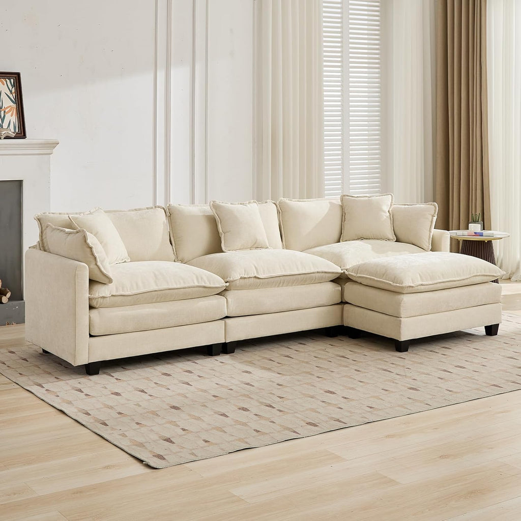 111.5" Beige Modular Sectional Sofa, 3 Seater Large Sectional Couches for Living Room, Ivory Off-White Chenille Fabric Oversized Cloud Couch with Ottoman, Modern Sofas Set, Sofas para Sala, L Shaped