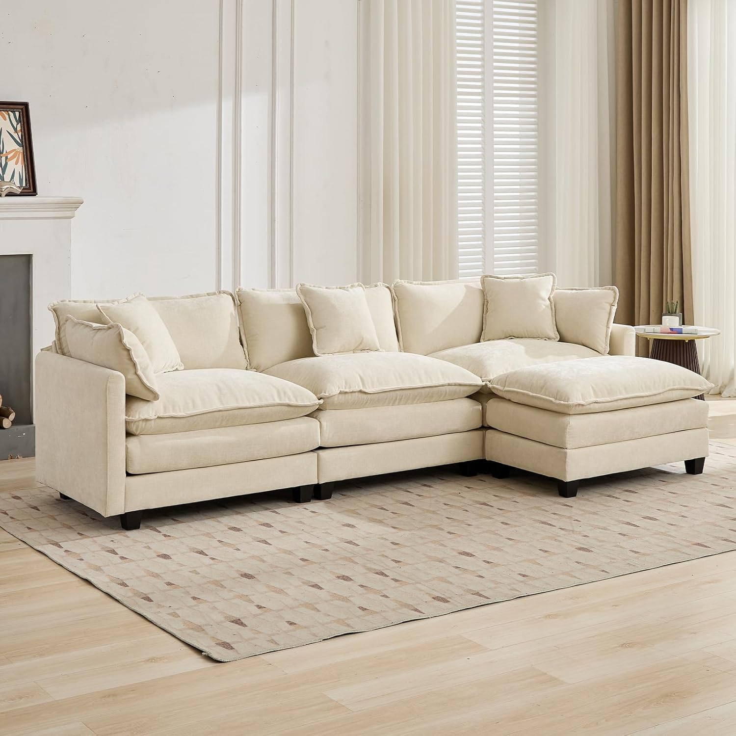 111.5" Beige Modular Sectional Sofa, 3 Seater Large Sectional Couches for Living Room, Ivory Off-White Chenille Fabric Oversized Cloud Couch with Ottoman, Modern Sofas Set, Sofas para Sala, L Shaped