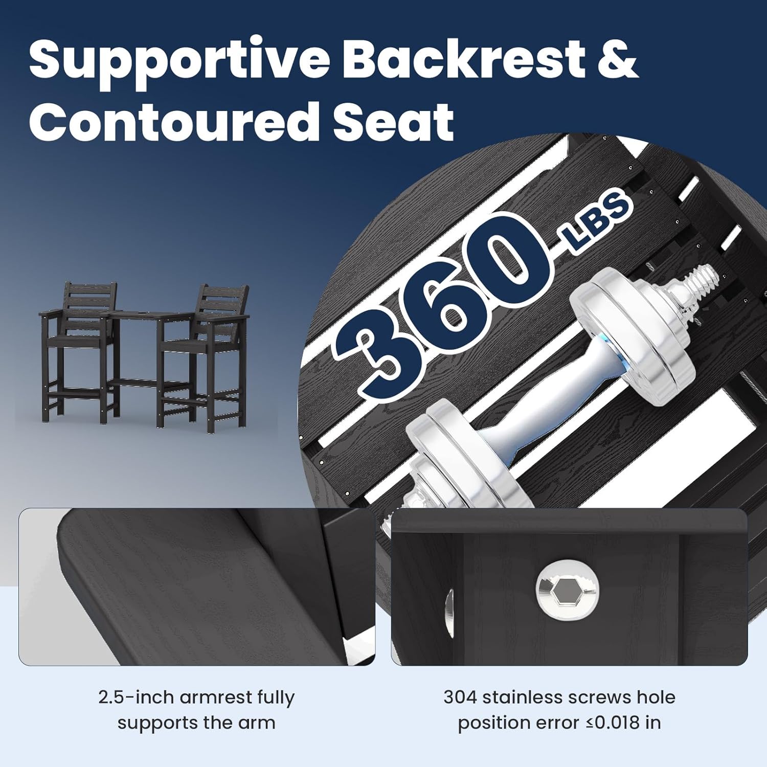 PLUUV Tall Adirondack Chairs Set of 2  All Weather HDPE Poly Bar Height Balcony Adirondack Chair with Removable Double Connecting Trays  Outdoor Adirondack Barstools for Deck  Patio  Yard  Pool  Lawn