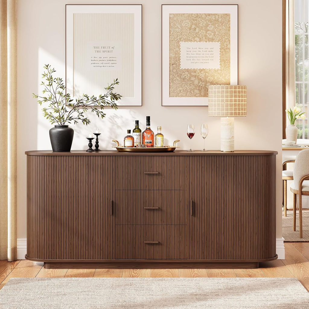 ONBRILL 63" Fluted Sideboard Buffet Cabinet with 3 Drawers & 2 Doors, Mid-Century Modern Buffet Sideboard Cabinet with Storage, Coffee Bar Table with Adjustable Shelf for Kitchen, Living Room, Walnut