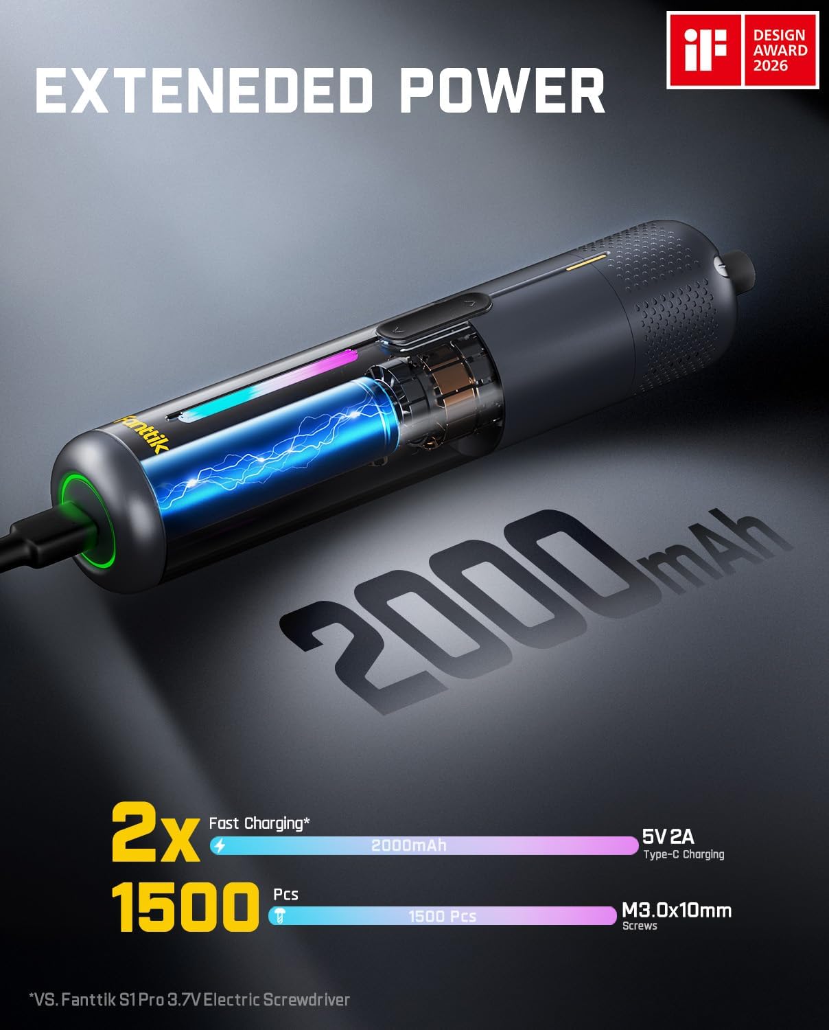 Fanttik S2 Pro Electric Screwdriver, Cordless Screwdriver Set, 7 Torque Settings, 0.5 to 6N.m, 20 Magnetic Bits, 1/4''Hex Shank, with 90° Angle Adapter, for Furniture, Household Repairs