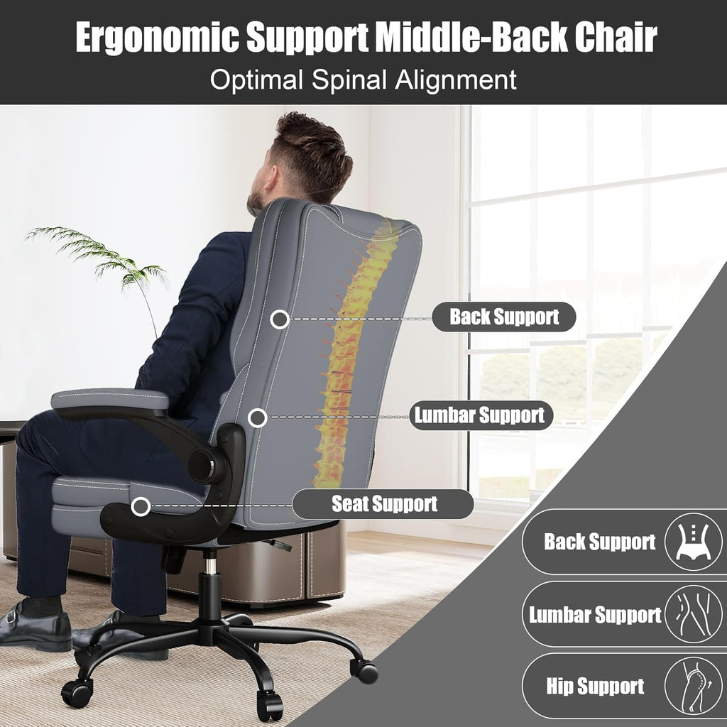 Ergonomic Office Chair with Flip-up Armrests 300lbs,Middle-Tall Computer Office Desk Chair with Lumbar Support,Executive PU Leather Chair with Rocking Function Adjustable Height for Home Office