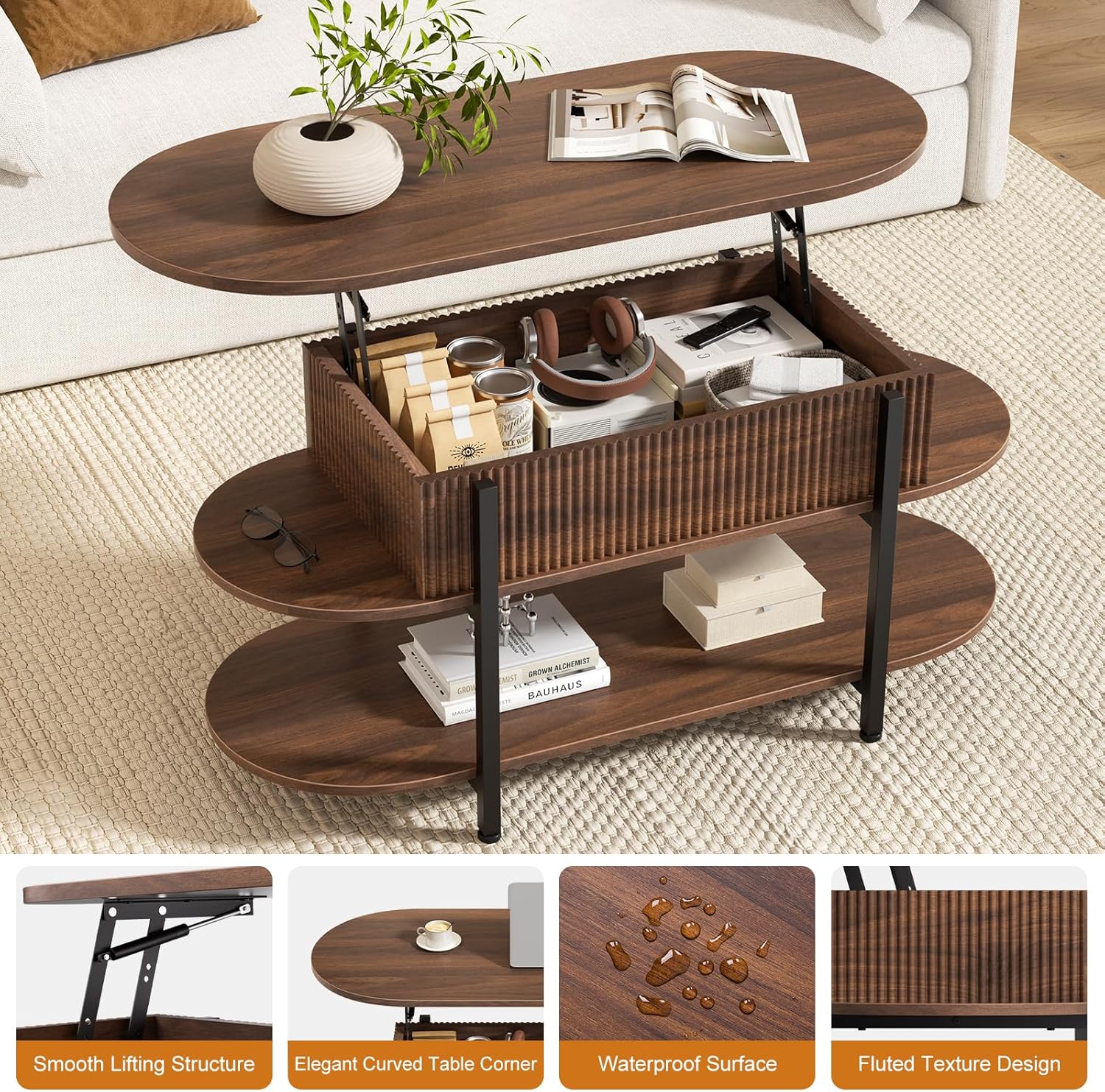 FABATO 41.7" Oval Lift Top Coffee Table, Fluted Wood Center Table with Hidden Storage, 3 Tier Oblong Tables with Curved Edge, Modern Elliptical Coffee Table for Living Room Reception Room, Walnut