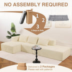 117” Modular Sectional Cloud Couch with L-Shape Chaise Lounge, Boneless Convertible Sofa for Living Room, Corduroy 4-Seater Couch, No Assembly Required, Cream Beige, Left Facing Chase
