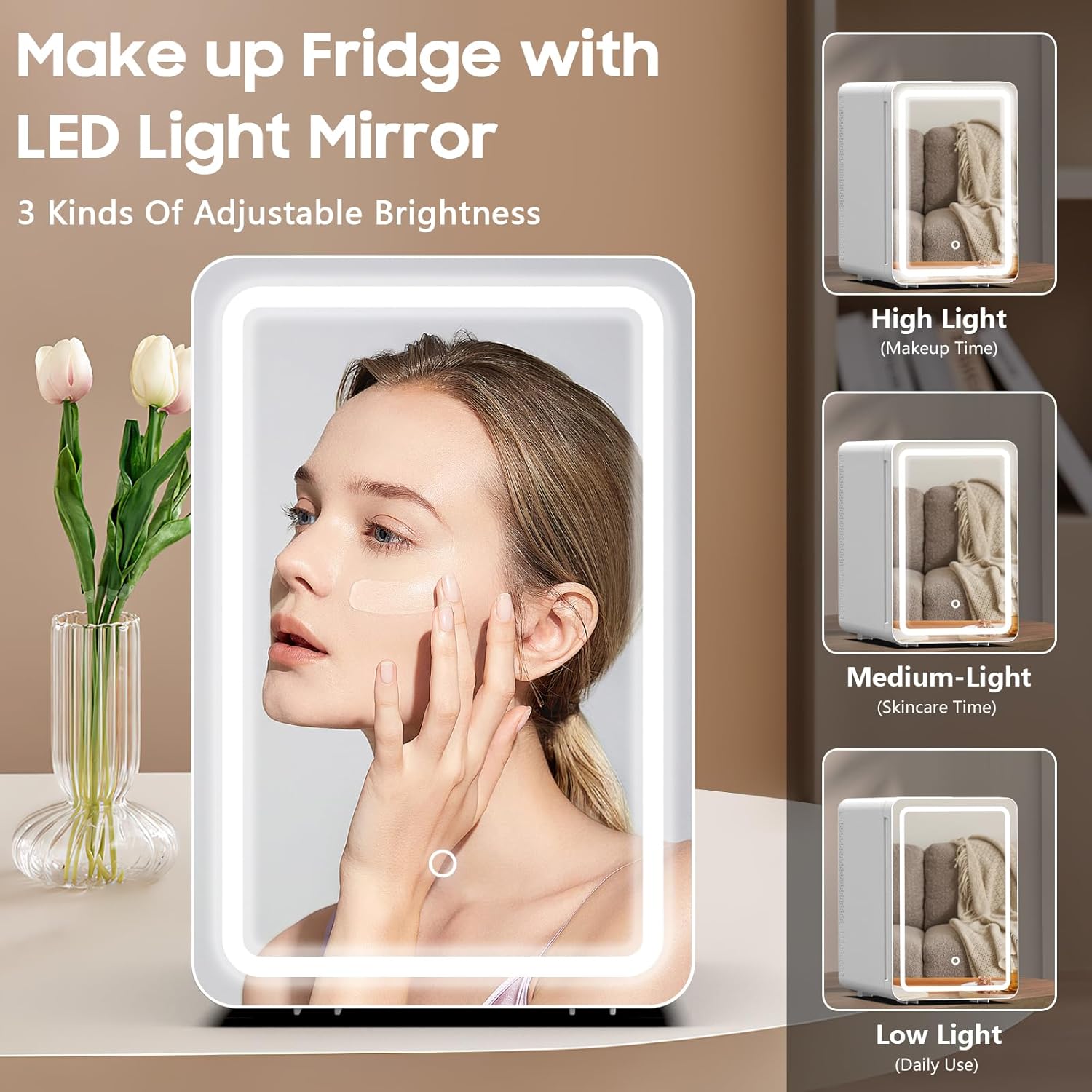 Kikihouse 20L Mini Skincare Fridge with Mirror & LED Lighting, 3-Mode Dimmable, Cooler & Warmer with Drip Tray for Makeup, Cosmetic, Beauty Fridge for Bedroom, Vanity, Car & Home Use