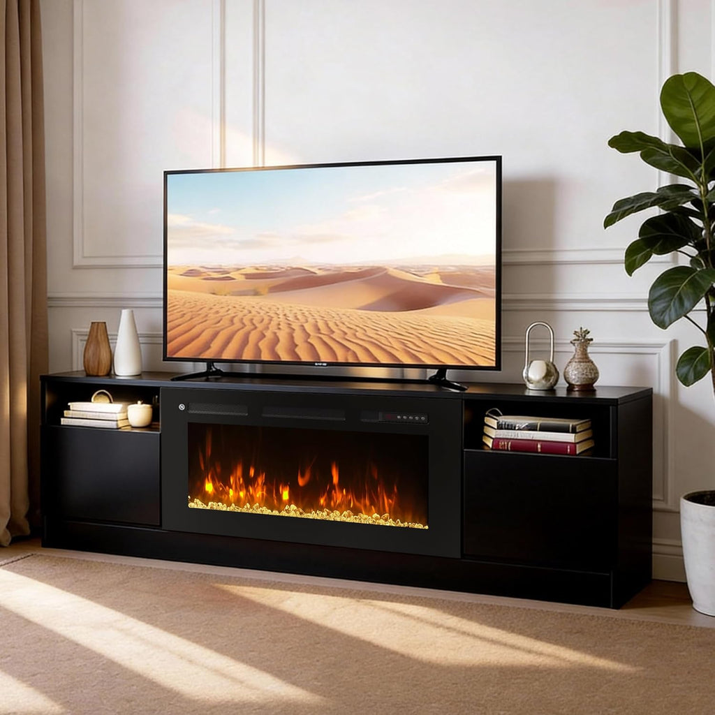 70" Fireplace TV Stand for TVs Up to 80",Entertainment Center with 36” Electric Fireplace and 12 Colors LED Lights,Large TV Console with Storage Cabinet for Living Room,All Black