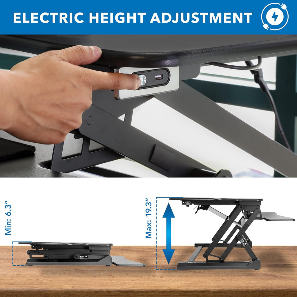 Mount-It! Electric Standing Desk Converter with Dual Monitor Arm, Stand Up Desk Riser X-Large 47.2" Wide, Electric Desk Riser with Mount for 2 Screens (Max 32"), Desktop with Keyboard Tray, USB, Black