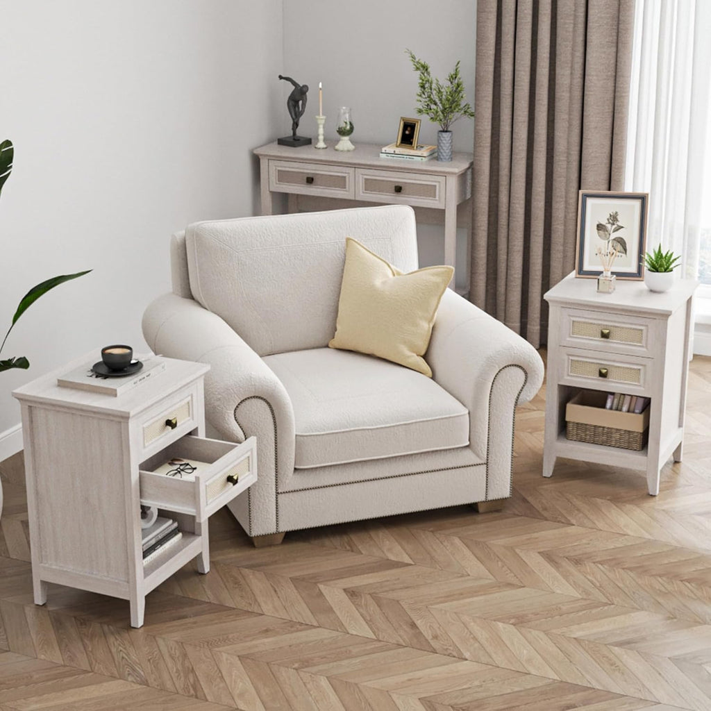 RoyalCraft White Rattan Nightstand with Drawer Set of 2, Boho 27" Tall Bedside Table with Storage for Small Space, Wood Accent End Table Bedroom Furniture, Couch, Grayish White
