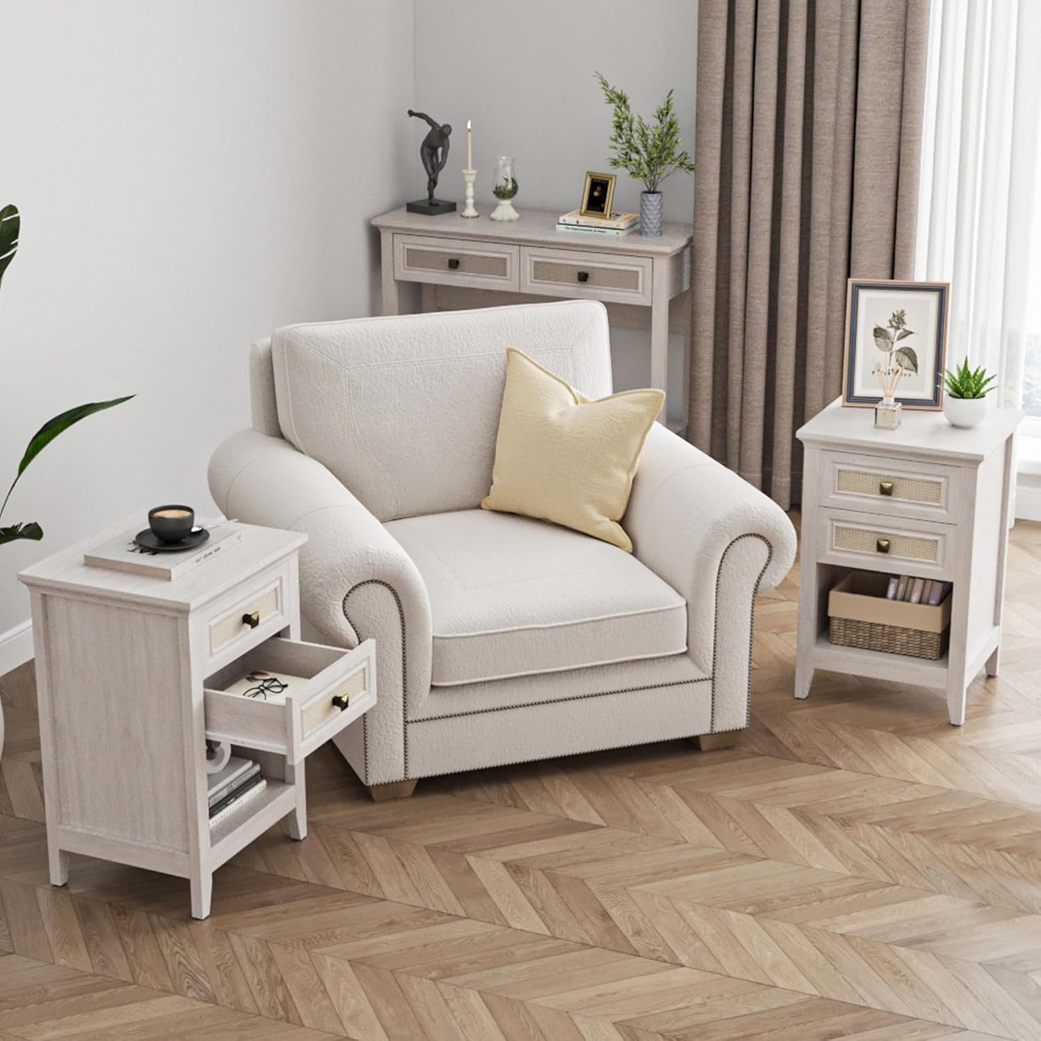 RoyalCraft White Rattan Nightstand with Drawer Set of 2, Boho 27" Tall Bedside Table with Storage for Small Space, Wood Accent End Table Bedroom Furniture, Couch, Grayish White