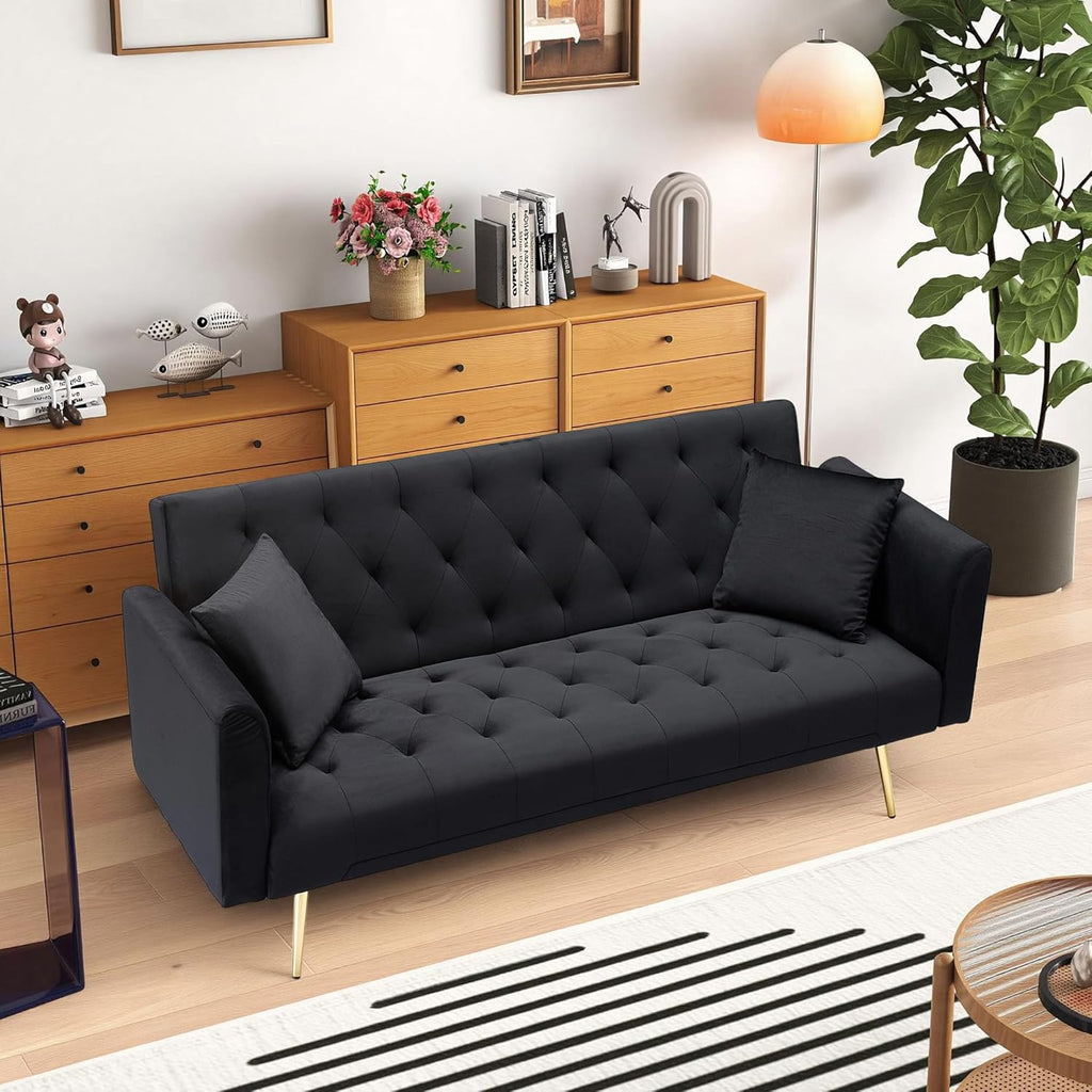 Anwick 72" Modern Velvet Sofa Bed Futon,Convertible Folding Sleeper Bed Couches with 3 Adjustable Backrests,Tufted Recliner Loveseat with Golden Chrome Legs for Small Living Room Office (Black)
