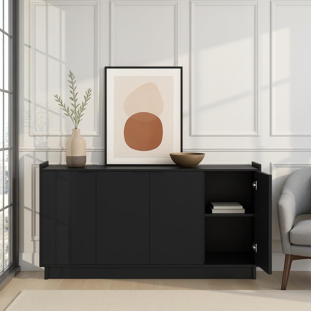 Prepac Simply Modern 4 Door Console Table Storage Cabinet, Buffet Cabinet for Storage and Organization, Modern Side Table with Doors & Shelves, 60”W x 30”H x 16”D, Black