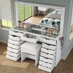 Vanity Desk with Mirror and Lights, Makeup Table with Charging Station, 3 Color Lighting Modes, 15 Drawers Dressing Table, Vanity with Chair for Bedroom, White